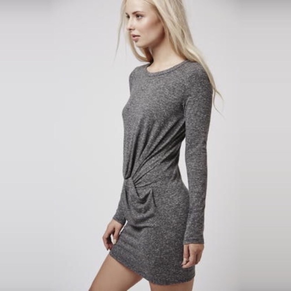 Twisted Knot Front Marled Grey Long Sleeve Knit Dress - Picture 4 of 7